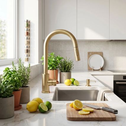 REA-B9842 - Pieskāriena izlietnes jaucējkrāns ar izvelkamu izsmidzinātāju FRESH TOUCH 37 cm 4xAA slīpēta zelta