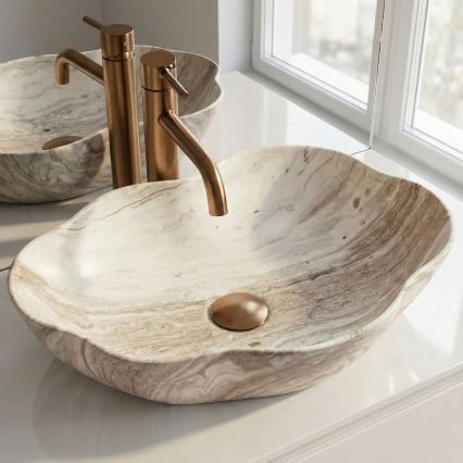 REA-U0618 - Uz virsmas montējamā izlietne PEARL 38x50,5 cm keramika/bēša/akmens imitācija