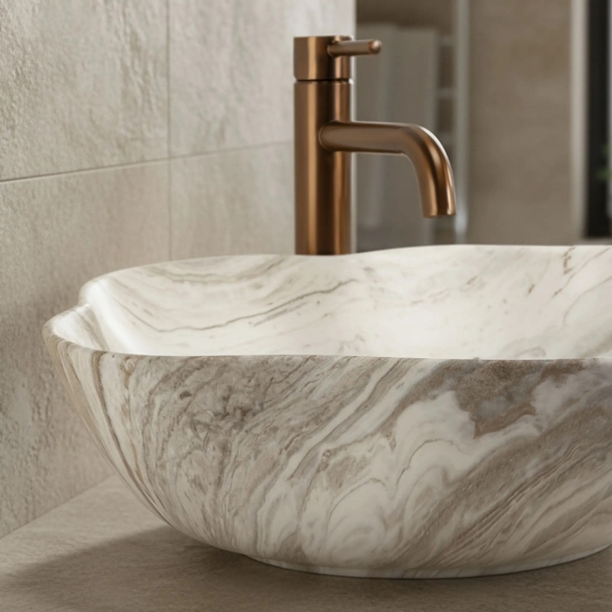 REA-U0618 - Uz virsmas montējamā izlietne PEARL 38x50,5 cm keramika/bēša/akmens imitācija