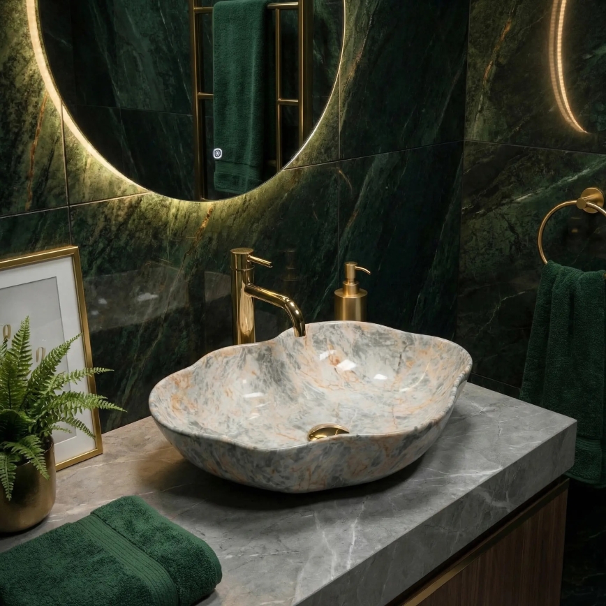 REA-U0620 - Virsmas izlietne PEARL 38x50,5 cm keramika/pelēka/bēša/akmens imitācija