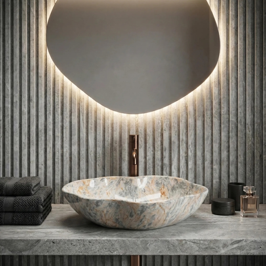 REA-U0620 - Virsmas izlietne PEARL 38x50,5 cm keramika/pelēka/bēša/akmens imitācija