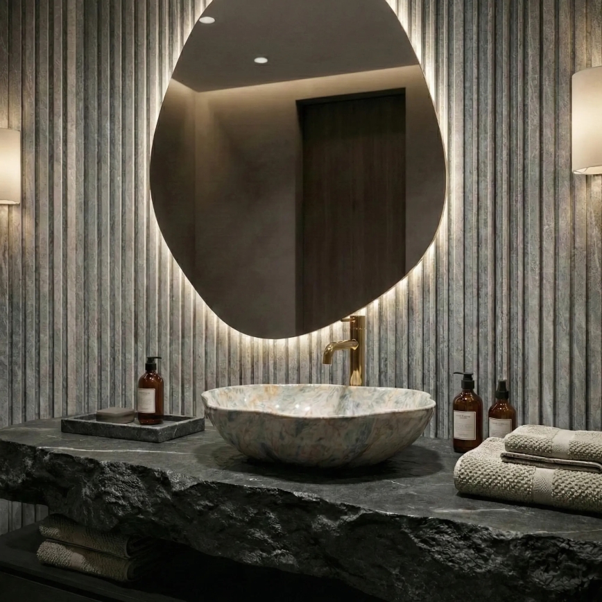 REA-U0620 - Virsmas izlietne PEARL 38x50,5 cm keramika/pelēka/bēša/akmens imitācija