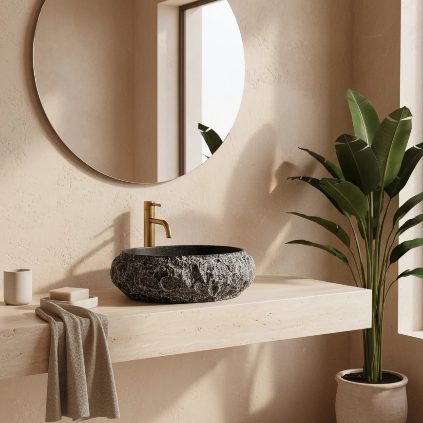 REA-U0634 - Virsmas uzstādamā izlietne MIKA GABRO 38x50 cm melna/akmens imitācija