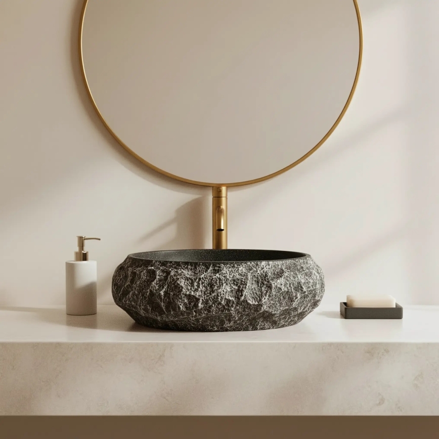 REA-U0634 - Virsmas uzstādamā izlietne MIKA GABRO 38x50 cm melna/akmens imitācija