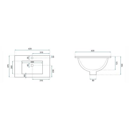 REA-U0786 - Iebūvējamā izlietne DAFNE 47x62 cm keramika/glancēta balta
