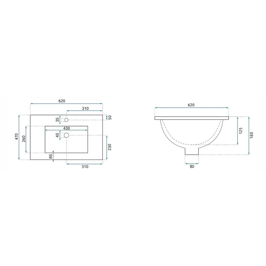 REA-U0786 - Iebūvējamā izlietne DAFNE 47x62 cm keramika/glancēta balta