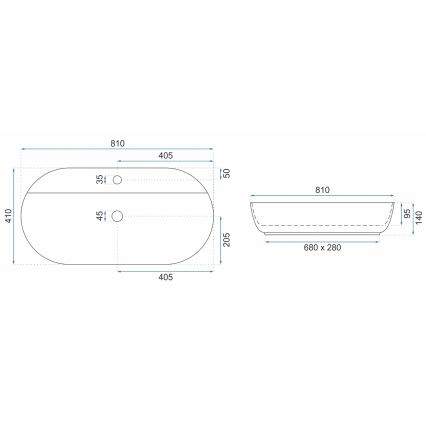 REA-U2541 - uz virsmas uzstādāma izlietne AURA 41x81 cm keramika/spīdīga balta