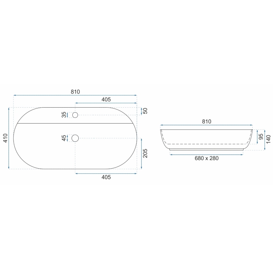 REA-U2541 - uz virsmas uzstādāma izlietne AURA 41x81 cm keramika/spīdīga balta