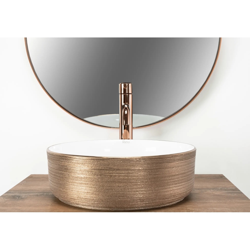 REA-U3303 - Virsmas uzstādāma izlietne SAMI Ø 37 cm keramiska/balta/zelta