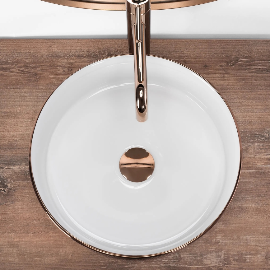 REA-U3303 - Virsmas uzstādāma izlietne SAMI Ø 37 cm keramiska/balta/zelta