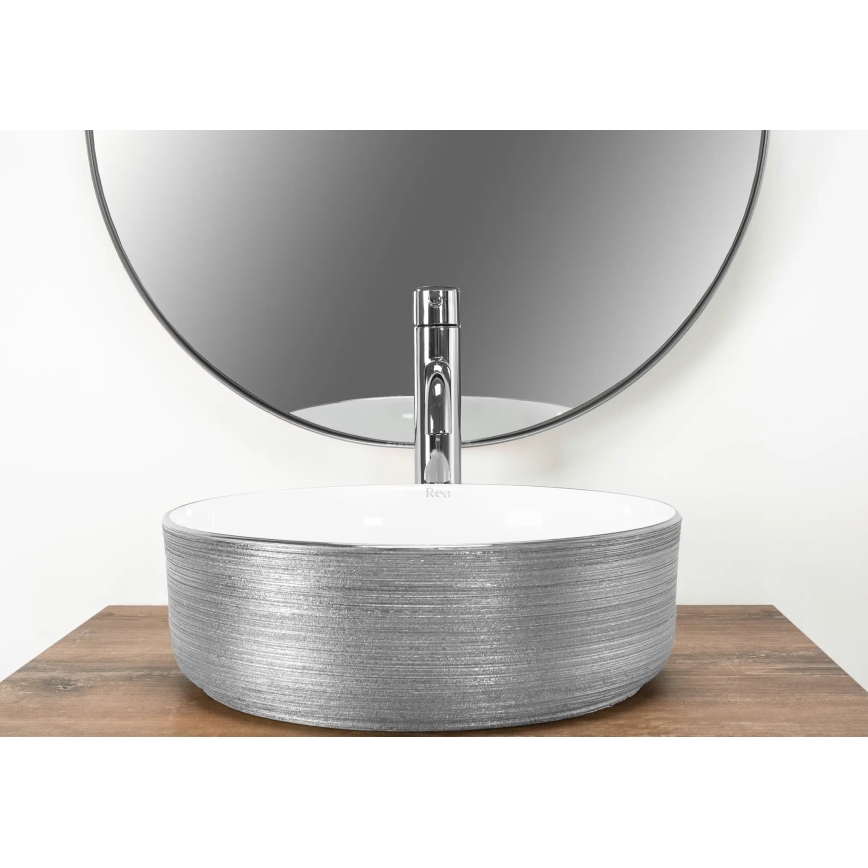 REA-U3304 - Virsmas uzliekama izlietne SAMI Ø 36 cm keramika/balta/sudraba