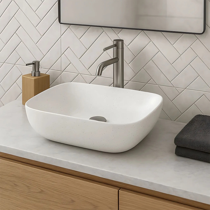 REA-U4001 - Uz virsmas uzstādāma izlietne BELINDA 33,5x46,5 cm keramika/matēta balta