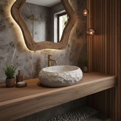 REA-U4332 - Uz virsmas uzstādāma izlietne MIKA 38x50 cm bēša/pelēka/akmens imitācija