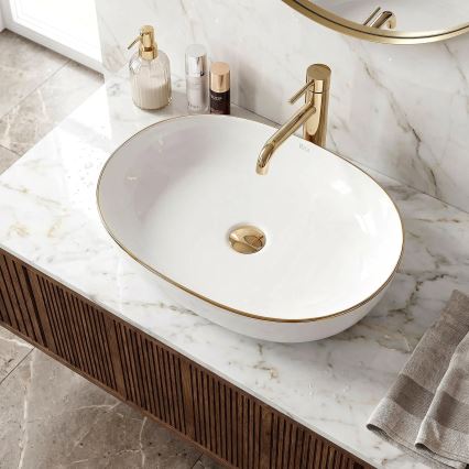 REA-U6211 - CLEO virsmas izlietne 41x60,5 cm keramika/balta/zelta