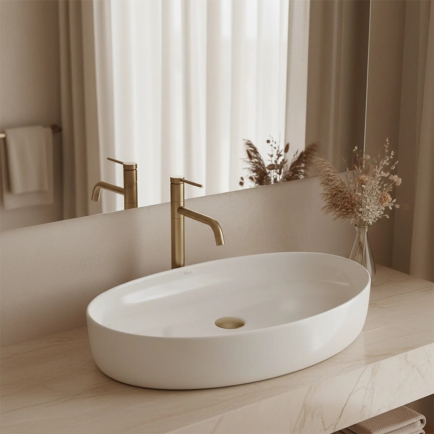 REA-U6371 - Uz virsmas uzstādāma izlietne JOANA 40,5x65,5 cm keramika/spīdīgi balta