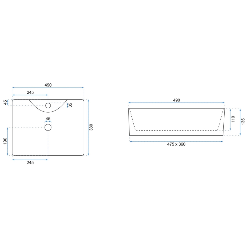 REA-U6524 - Uz virsmas uzstājamā izlietne KELLY 38x49 cm keramika/spīdīga balta
