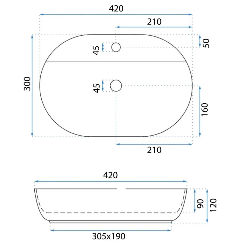 REA-U6617 - Virsmas uzstādāma izlietne AURA 30x42 cm keramika/glancēta balta