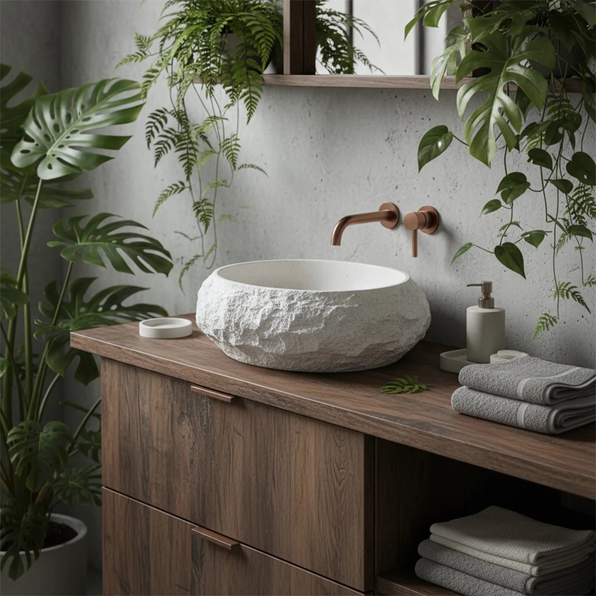 REA-U7350 - Virsmas uzstādāma izlietne MIKA 38x50 cm balta/akmens imitācija