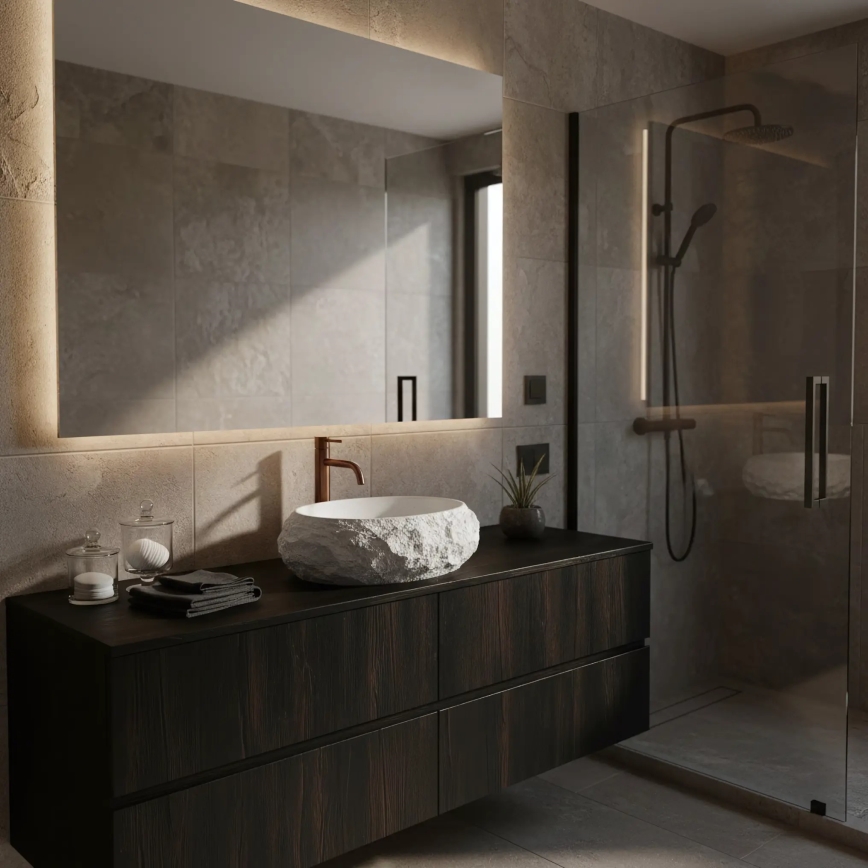 REA-U7350 - Virsmas uzstādāma izlietne MIKA 38x50 cm balta/akmens imitācija