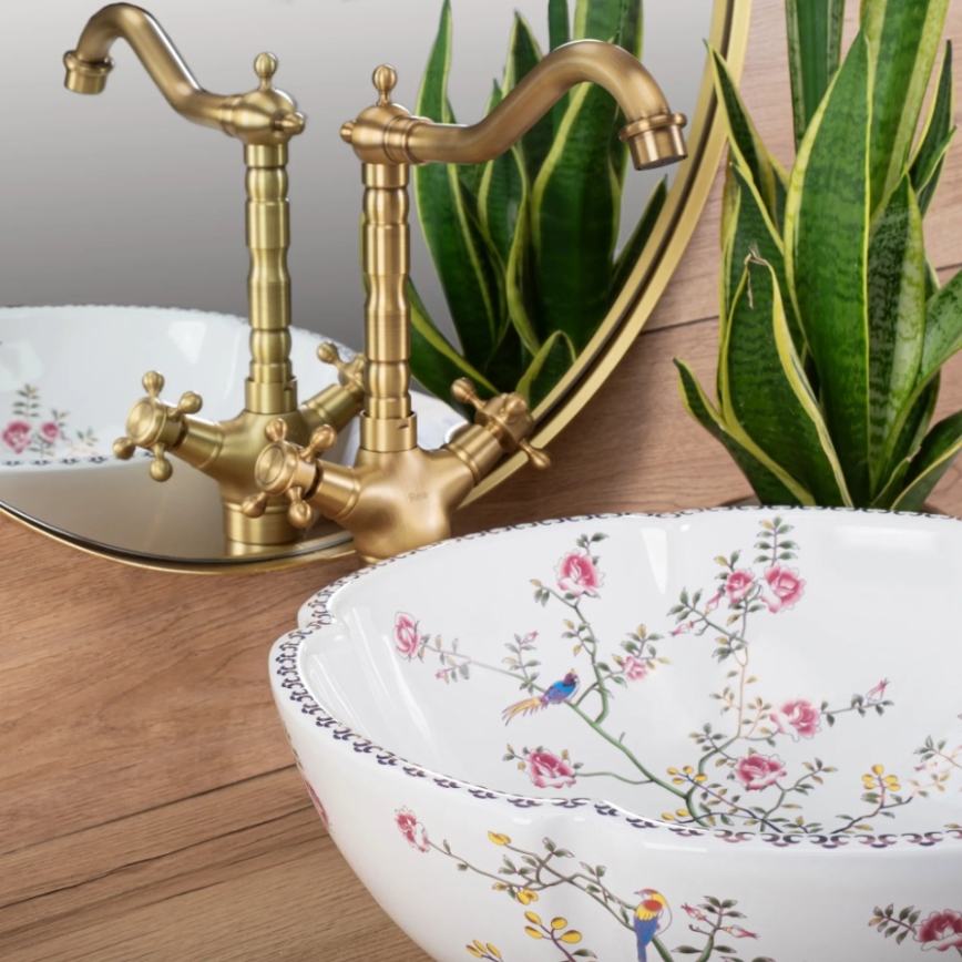 REA-U7504 - Uzliekamā izlietne FELICIA Ø 42,5 cm keramika/ziedu raksts