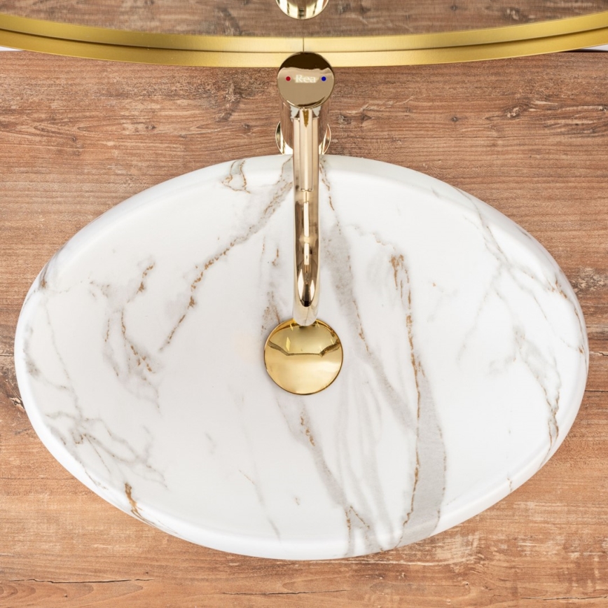 REA-U8568 - Virsmas uzstādāma izlietne LINDA 34x48,5 cm keramika/marmora dekors