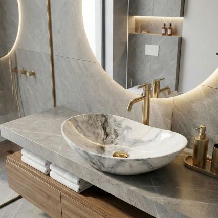 REA-U8596 - Uz virsmas novietojama izlietne ROYAL 36x62,5 cm keramika/balta/pelēka/akmens imitācija