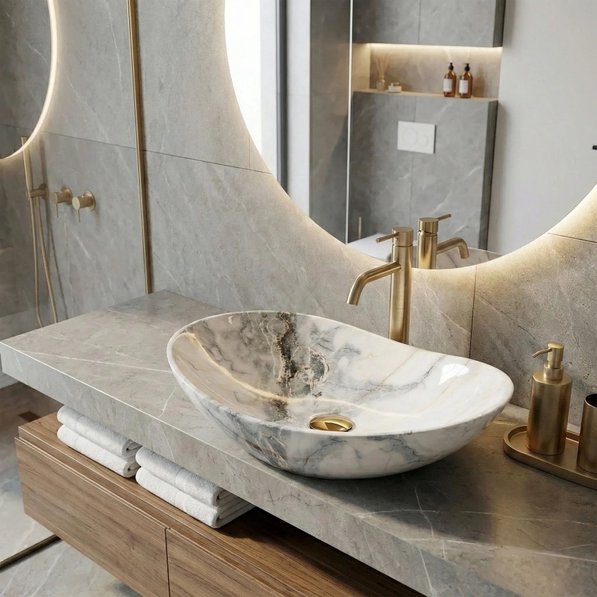 REA-U8596 - Uz virsmas novietojama izlietne ROYAL 36x62,5 cm keramika/balta/pelēka/akmens imitācija