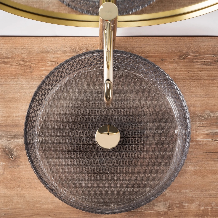 REA-U8880 - Virsmas uzstādāmā izlietne CRISTAL Ø 39 cm stikls/dūmakaini pelēka