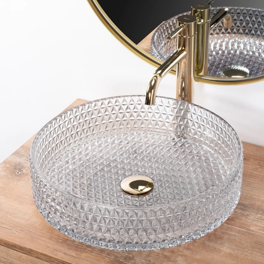 REA-U8881 - Uz virsmas uzstādamā izlietne CRISTAL Ø 39 cm caurspīdīgs stikls