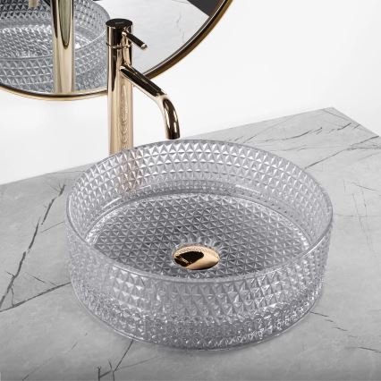 REA-U9615 - Uz virsmas uzstādāma izlietne CRISTAL Ø 35,5 cm, stikls/pelēka