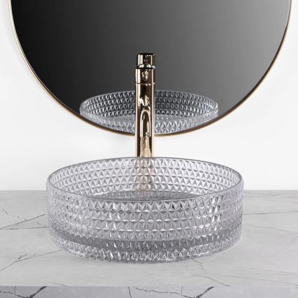 REA-U9615 - Uz virsmas uzstādāma izlietne CRISTAL Ø 35,5 cm, stikls/pelēka