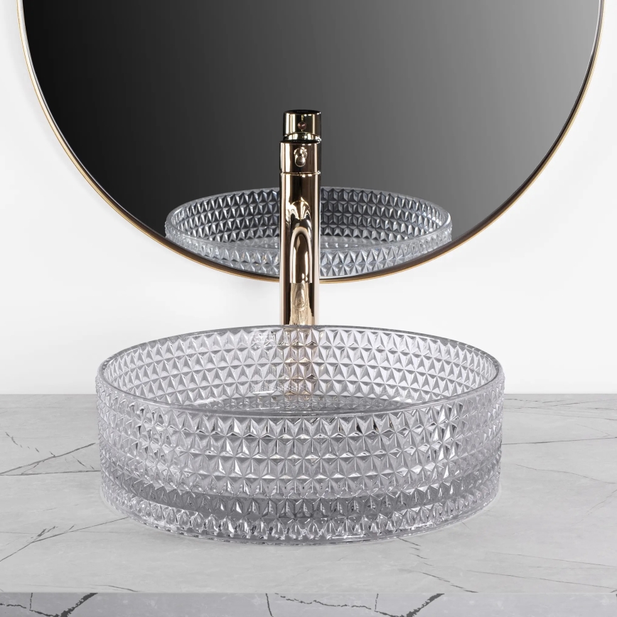 REA-U9615 - Uz virsmas uzstādāma izlietne CRISTAL Ø 35,5 cm, stikls/pelēka