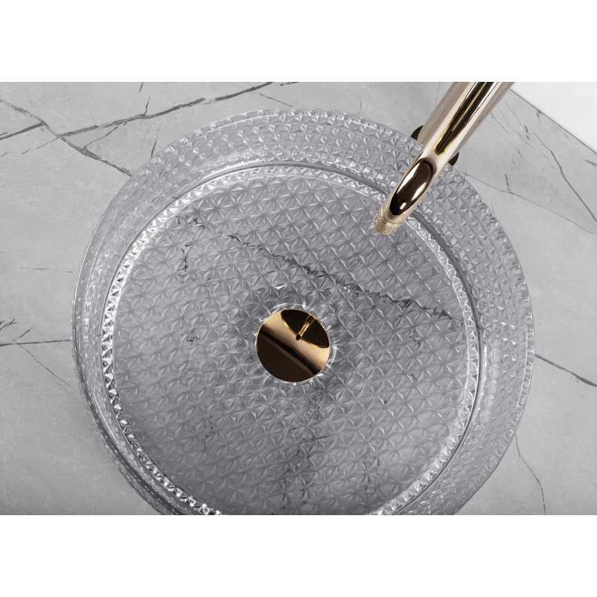 REA-U9615 - Uz virsmas uzstādāma izlietne CRISTAL Ø 35,5 cm, stikls/pelēka