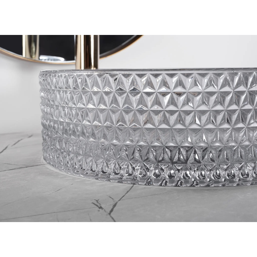 REA-U9615 - Uz virsmas uzstādāma izlietne CRISTAL Ø 35,5 cm, stikls/pelēka