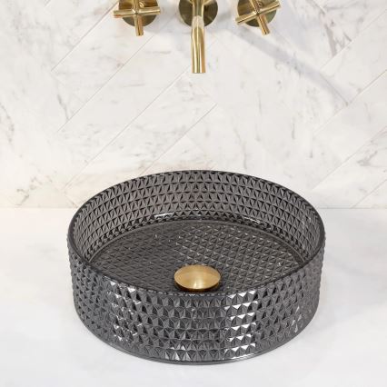 REA-U9671 - Uz virsmas uzstādāma izlietne CRISTAL Ø 35,5 cm stikls/dūmakaina pelēka