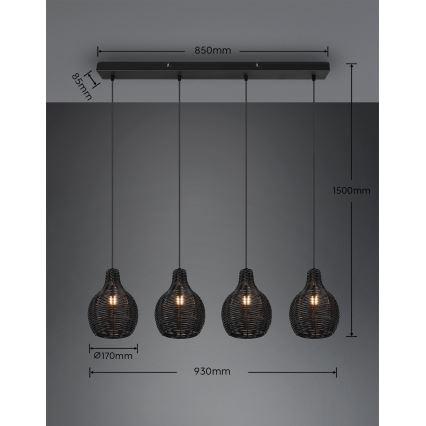 Reality - Griestu lustra uz vada SPROUT 4xE14/30W/230V melns/ratāns