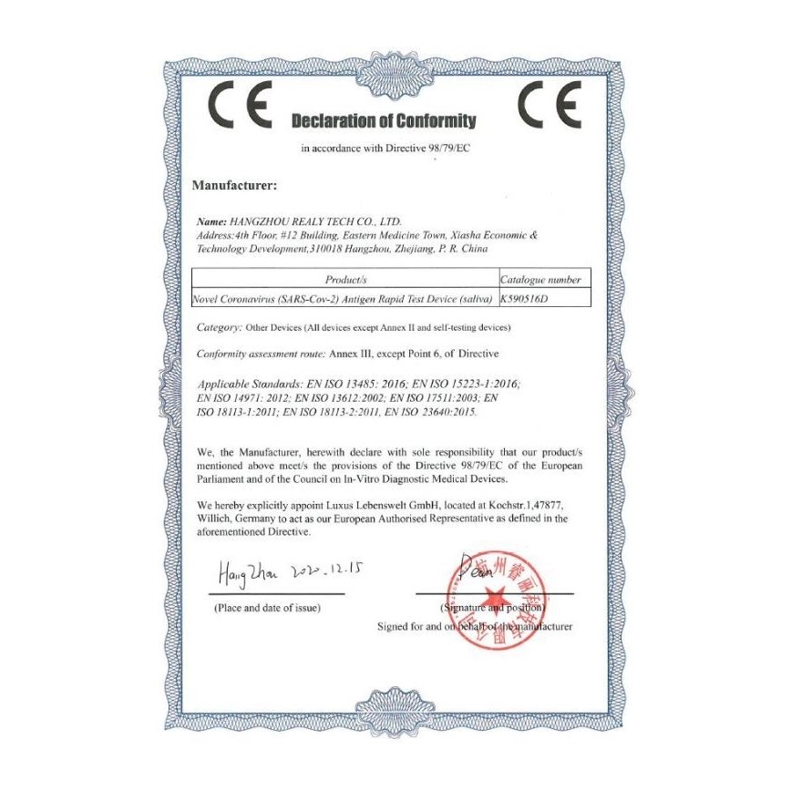 RealyTech – Antigēna COVID-19 Ātrās siekalu tests 20gab