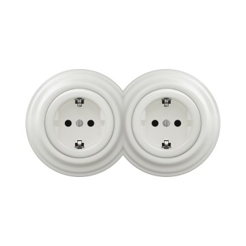 Reblig - Divkārša retro mājas SCHUKO kontaktligzda ar rāmi, 230 V, keramiska, balta