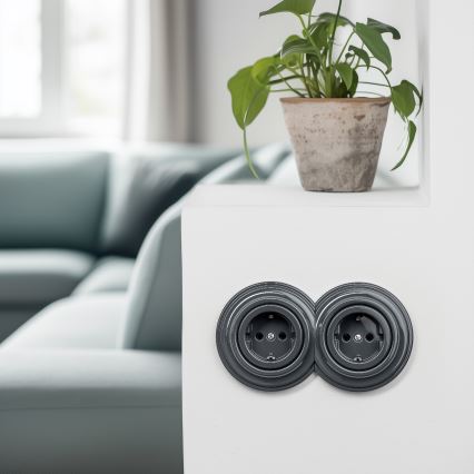 Reblig - Dubulta retro mājas kontaktligzda ar SCHUKO rāmi, 230 V, antracīta krāsā
