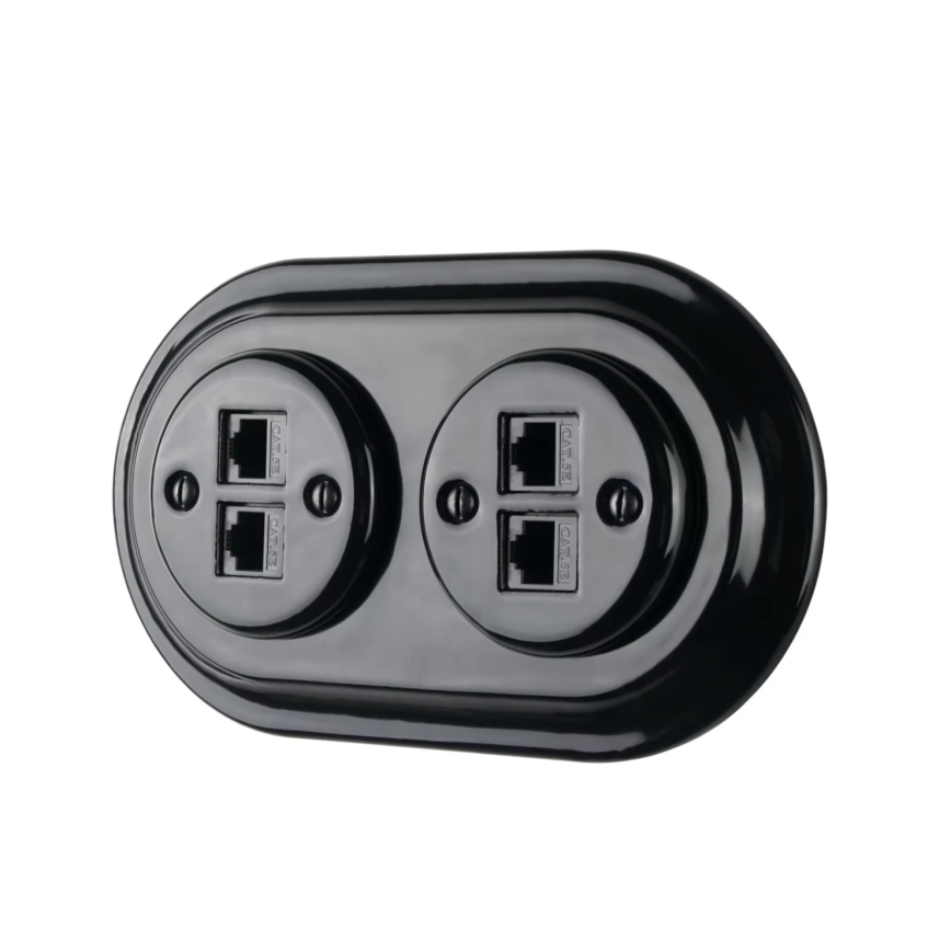 Reblig - Porcelāna retro Ethernet rozete bez rāmja, 2x CAT.5E, melna