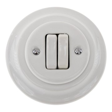 Reblig - Retro porcelāna dubultais slēdzis ar rāmi nr. 6+6 balts