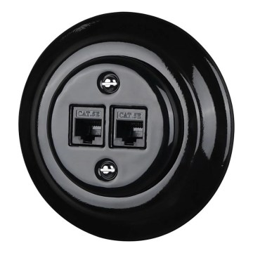 Reblig - Retro stila porcelāna Ethernet rozete ar rāmi, 2x CAT5e, melna