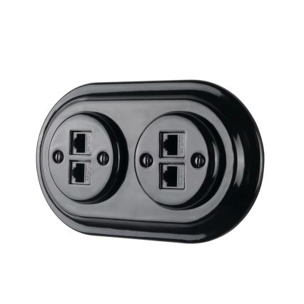 Reblig - Retro stila porcelāna Ethernet rozete ar rāmi, 2x CAT5e, melna