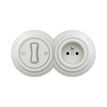 Reblig - Retro vienpolu slēdzis č. 1 un 230V kontaktligzda ar rāmi, keramikā baltā krāsā