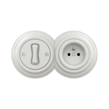 Reblig -Retro vienpolu slēdzis Nr. 1 un 230 V rozete ar keramikas rāmi, balta