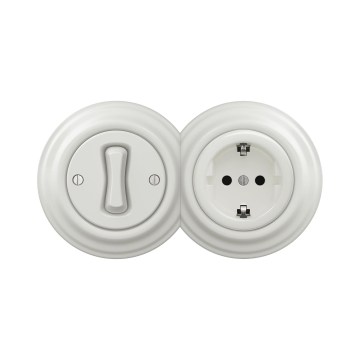 Reblig - Retro vienpolu slēdzis Nr. 1 un SCHUKO 230V kontaktligzda ar keramisko rāmi, balta