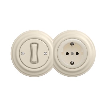 Reblig - retro vienpolu slēdzis Nr. 1 un SCHUKO kontaktligzda 230 V ar rāmi, bēša