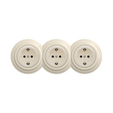 Reblig - Trīskārša retro mājas rozete ar rāmi SCHUKO 230V bēša
