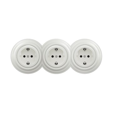Reblig - Trīskārša retro mājas rozete ar SCHUKO rāmi, 230 V, keramiska, balta