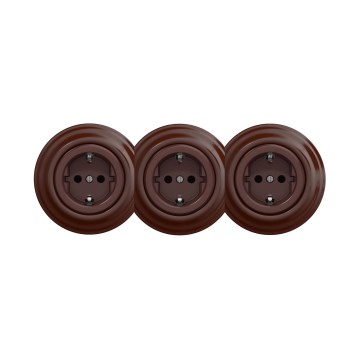 Reblig - Trīskārša retro sienas kontaktligzda ar SCHUKO rāmi, 230 V, brūna